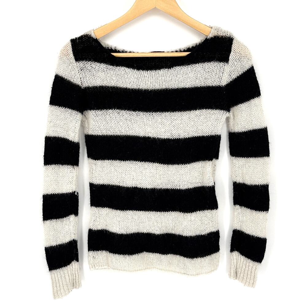 John Galt Striped Mohair Blend Fuzzy Pullover Sweater Black White‎ OS